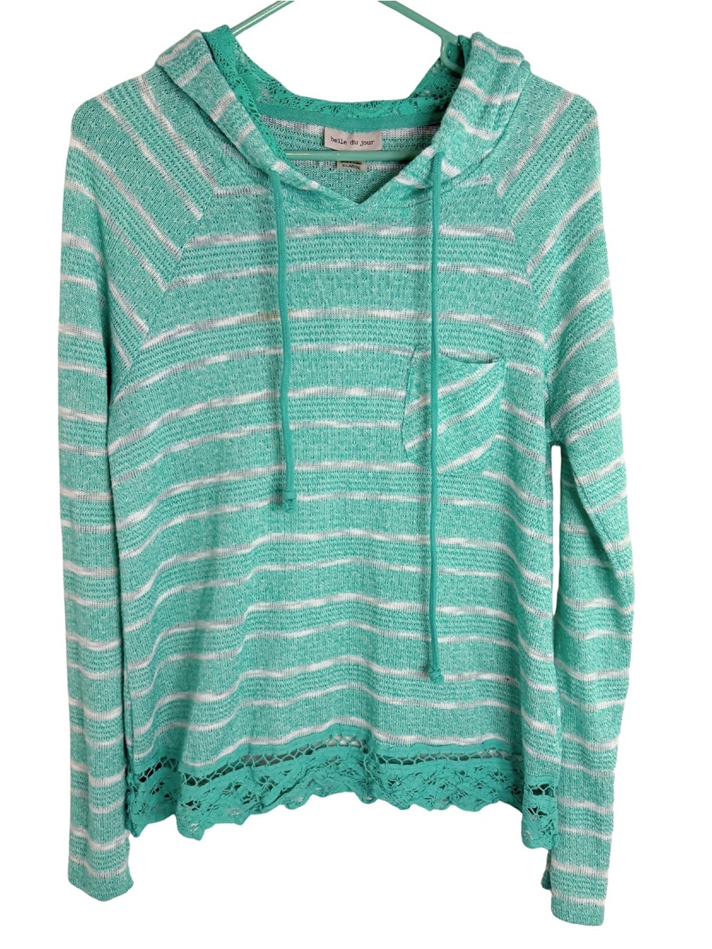 3/$20 Belle Du Jour Green & White Striped Lightweight Knit Hoodie Size XL